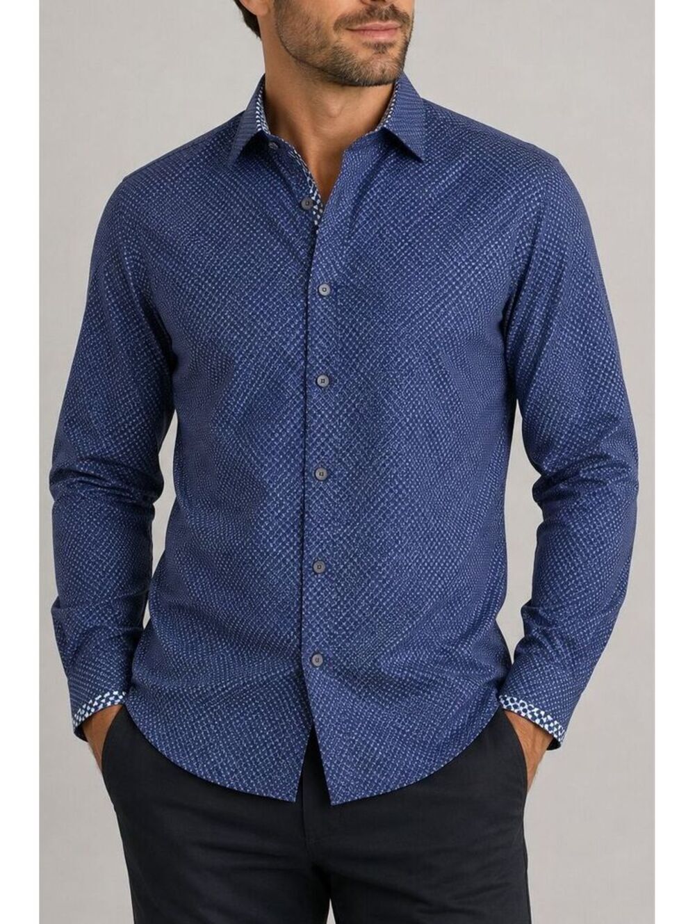 Ted Baker London Men's XL Blue Geometric Dress Shirt Contrast Trim Cotton